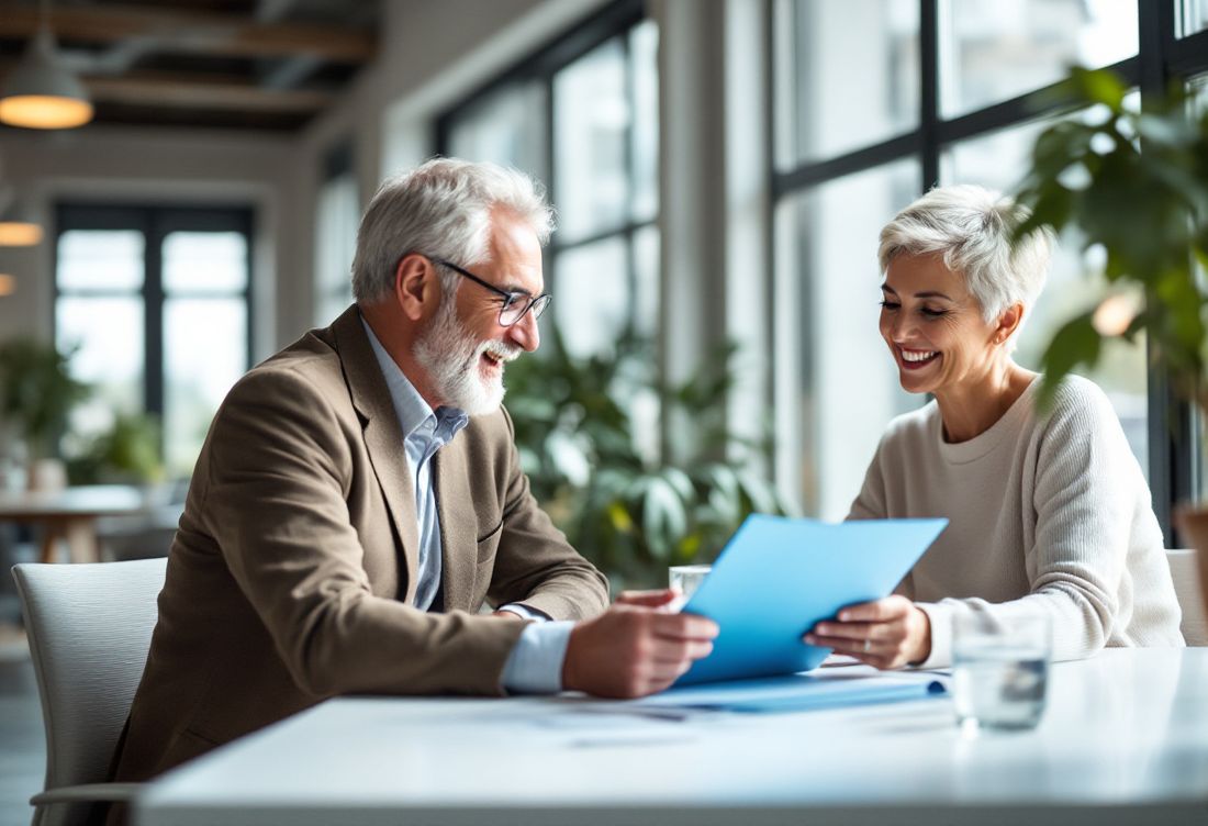 A licensed advisor reviewing coverage options with a couple at a bright office table